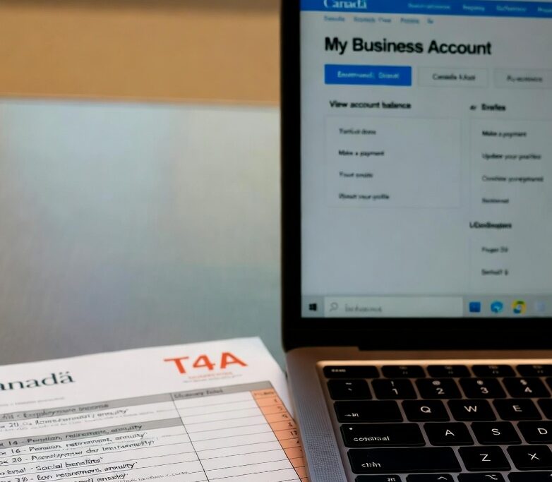 Canadian T4A slip for 2025 tax year beside laptop on desk