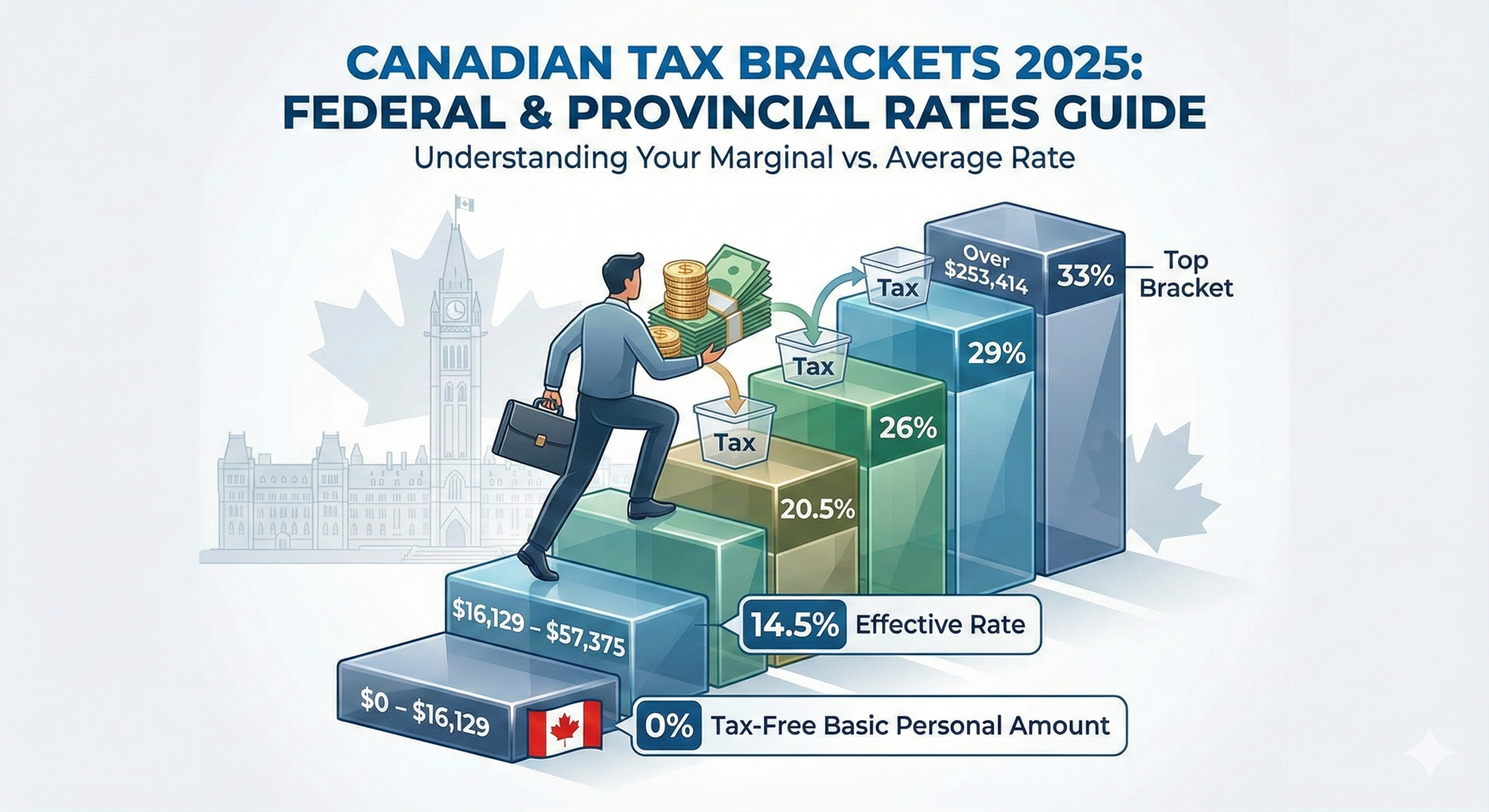 Progressive illustration of Canadian federal tax brackets for 2025 showing a person climbing steps labeled with income ranges and corresponding tax rates, including the 0% Basic Personal Amount ($0 - $16,129) and the top 33% bracket (Over $253,414).