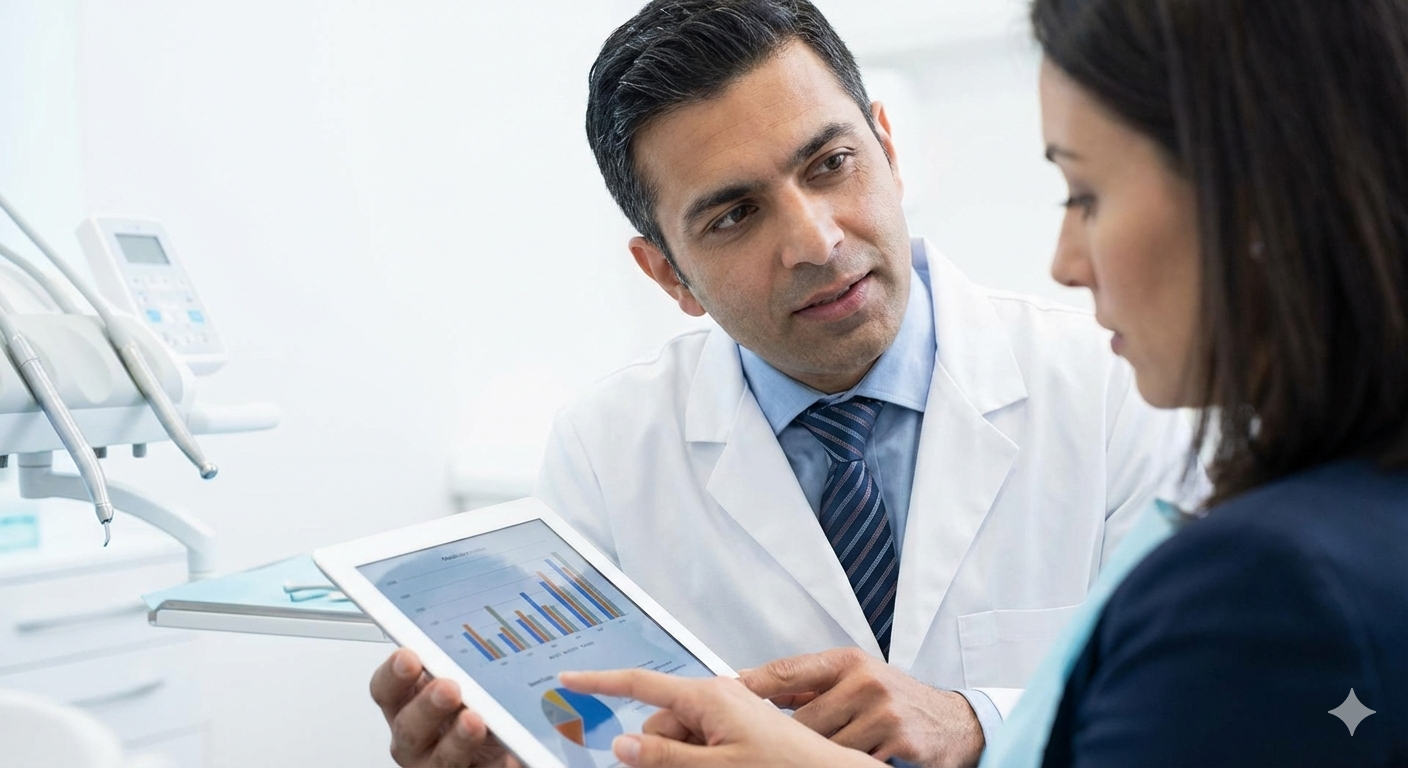 Male dental practice owner and manager reviewing financial charts on a tablet in a Surrey, BC dental office.