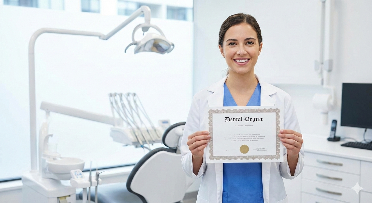 Young female dental associate holding degree in a modern clinic in Vancouver, BC.